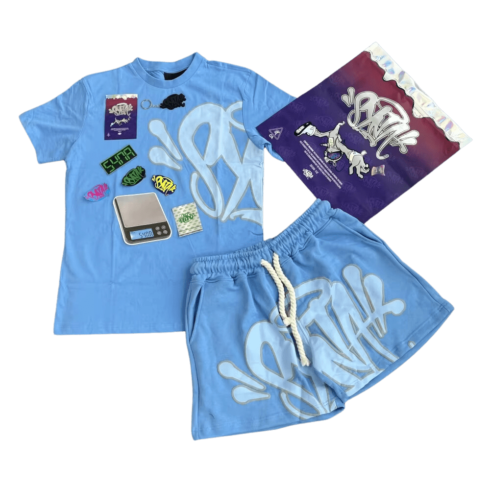 Conjunto SYNA WORLD Verano "Polera Short" Celeste ALGODÓN + BOLSA & ACCESORIOS