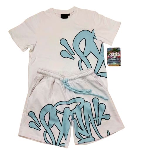 Conjunto SYNA WORLD Verano Polera Short "Blanco Celeste" ALGODÓN + BOLSA & ACCESORIOS