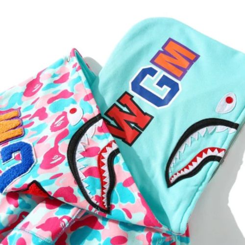Polerón BAPE "DOBLE GORRO" Algodón ALTA CALIDAD "Celeste/Rosa" - Imagen 4