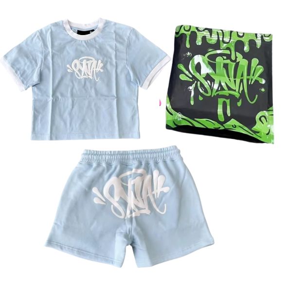 Conjunto SYNA WORLD Verano Mujer Polera-Short ALGODÓN "Celeste" + ACCESORIOS.